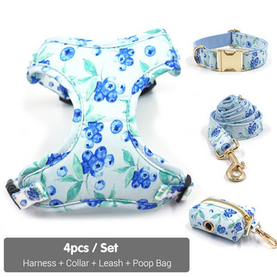 Koerarakmete ja jalutusrihma komplekt Võrgusilmaga polsterdatud pehmed lemmikloomarakmed väikestele koertele Mustika mustriga luksuslikud kohandatud nimega koera kaelarihm, reguleeritav