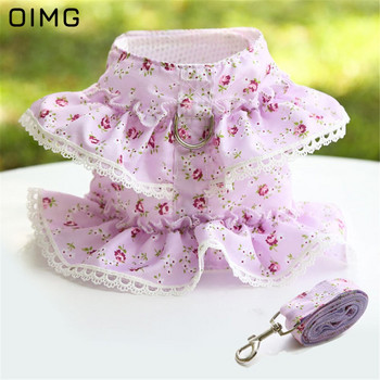 OIMG Small floral print λουρί για σκύλους για Spitz Pomeranian Papillon Σετ λουριών λουριών χαριτωμένο δαντέλα γιλέκα σκύλου Pet walking Lead Leash