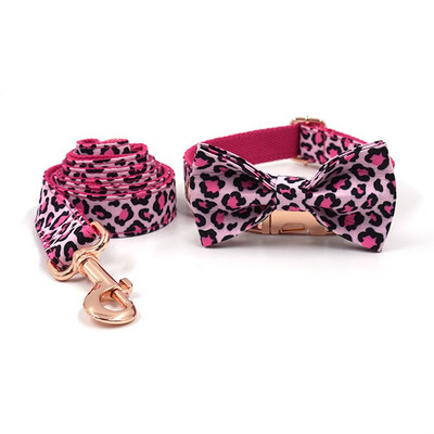 Ružičasti pojas za pse s leopardom za pse djevojčice Personalizirana ogrlica za kućne ljubimce s ugraviranim imenom i sigurnosnim metalnim kopčama Komplet pojaseva za pse s leptir mašnom