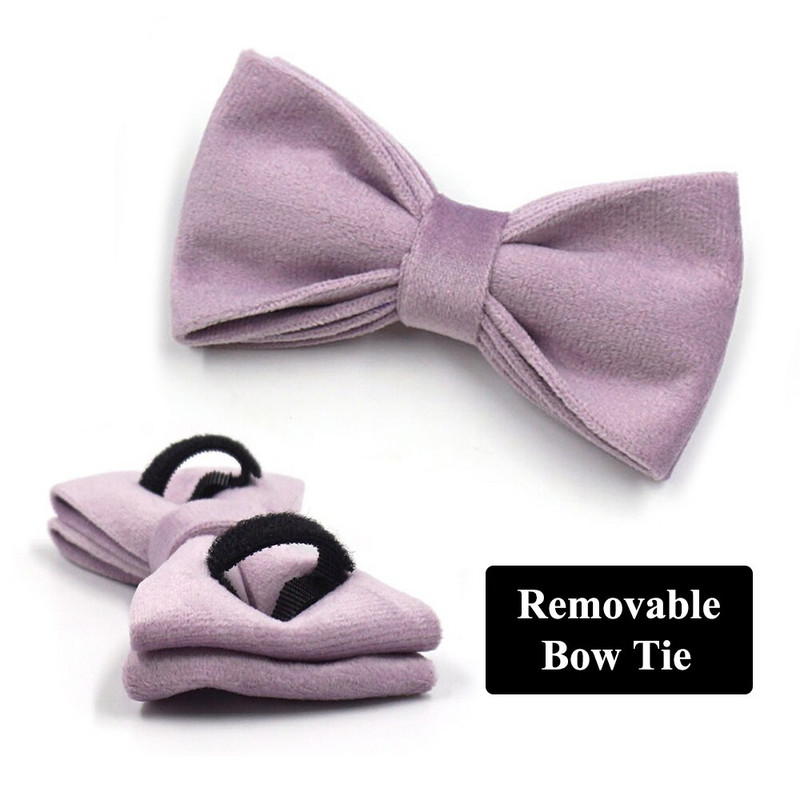 Harnaș de designer din catifea violet deschis pentru câini cu nume personalizat Set guler și lesă cu papion pentru animale de companie cu geantă pentru caca Catarame din metal auriu