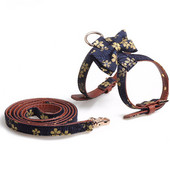 Σετ λουλουδιών λουλουδιών σκύλου από καμβά και PU με λουλούδια ρυθμιζόμενο γιλέκο και λουρί για μικρούς σκύλους Τσιουάουα