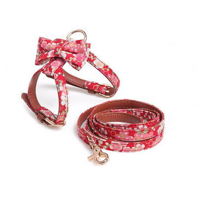 Σετ λουλουδιών λουλουδιών σκύλου από καμβά και PU με λουλούδια ρυθμιζόμενο γιλέκο και λουρί για μικρούς σκύλους Τσιουάουα