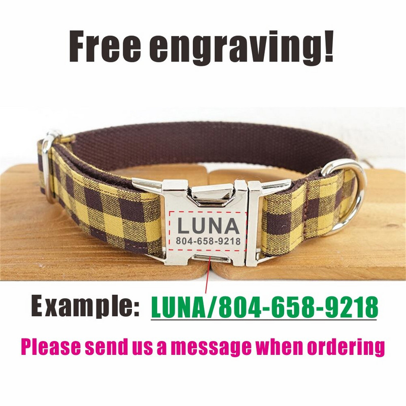 Εξατομικευμένο κολάρο κατοικίδιων ζώων Δωρεάν χαρακτική Προσαρμοσμένη πινακίδα ταυτότητας κουταβιού με ρυθμιζόμενη πόρπη Κίτρινο σετ λουριών καρό γιακά