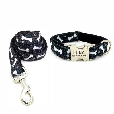 Guler personalizat cu puncte gri pentru animale de companie Etichetă de identificare personalizată pentru cățeluș Accesoriu reglabil pentru pisică Oasele labei de câine Guler de bază pentru câini Set de lesă