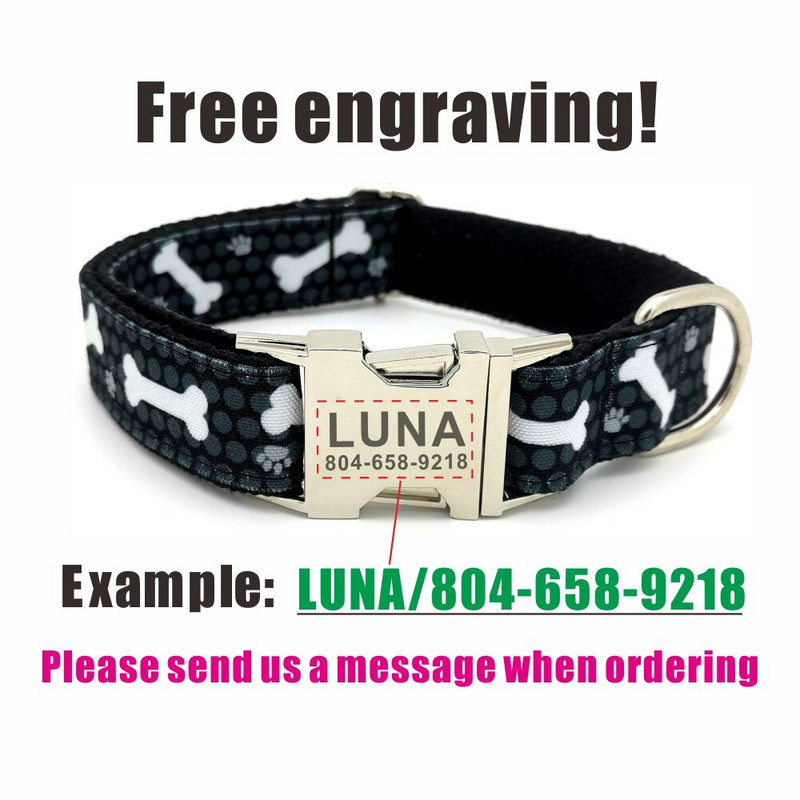 Isikupärastatud hallide täppidega lemmiklooma kaelarihm Kohandatud kutsika ID silt Reguleeritav kassi aksessuaar Koerte käpa luud must põhiline koera kaelarihmade jalutusrihma komplekt