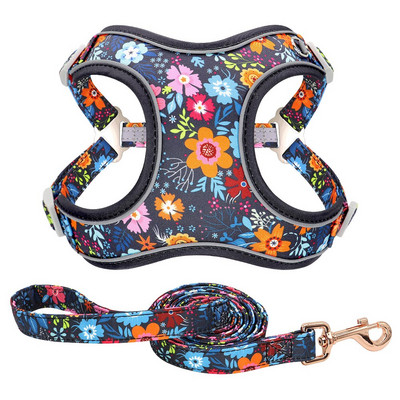 Φλοράλ εμπριμέ αντανακλαστικό σετ λουριών και λουριών Ρυθμιζόμενο γιλέκο καλωδίωσης Pitbull για μεσαίου μεγέθους σκύλους που περπατούν για τρέξιμο
