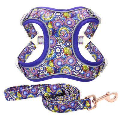 Φλοράλ εμπριμέ αντανακλαστικό σετ λουριών και λουριών Ρυθμιζόμενο γιλέκο καλωδίωσης Pitbull για μεσαίου μεγέθους σκύλους που περπατούν για τρέξιμο