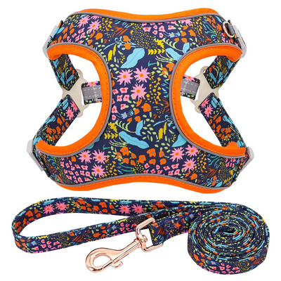 Φλοράλ εμπριμέ αντανακλαστικό σετ λουριών και λουριών Ρυθμιζόμενο γιλέκο καλωδίωσης Pitbull για μεσαίου μεγέθους σκύλους που περπατούν για τρέξιμο