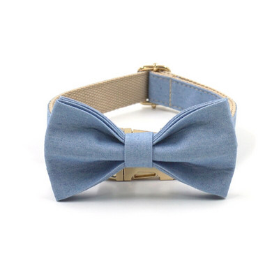 Guler de câine din denim albastru deschis cu nume Set personalizat de guleră și lesă pentru câini mici, mijlocii mari, cu papion, ham pentru câini pentru fete