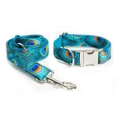 Set de zgardă și lesă pentru câini de companie, personalizat, personalizat, cu fundă, model de păun de lux Guler de designer pentru cataramă metalică pentru câini