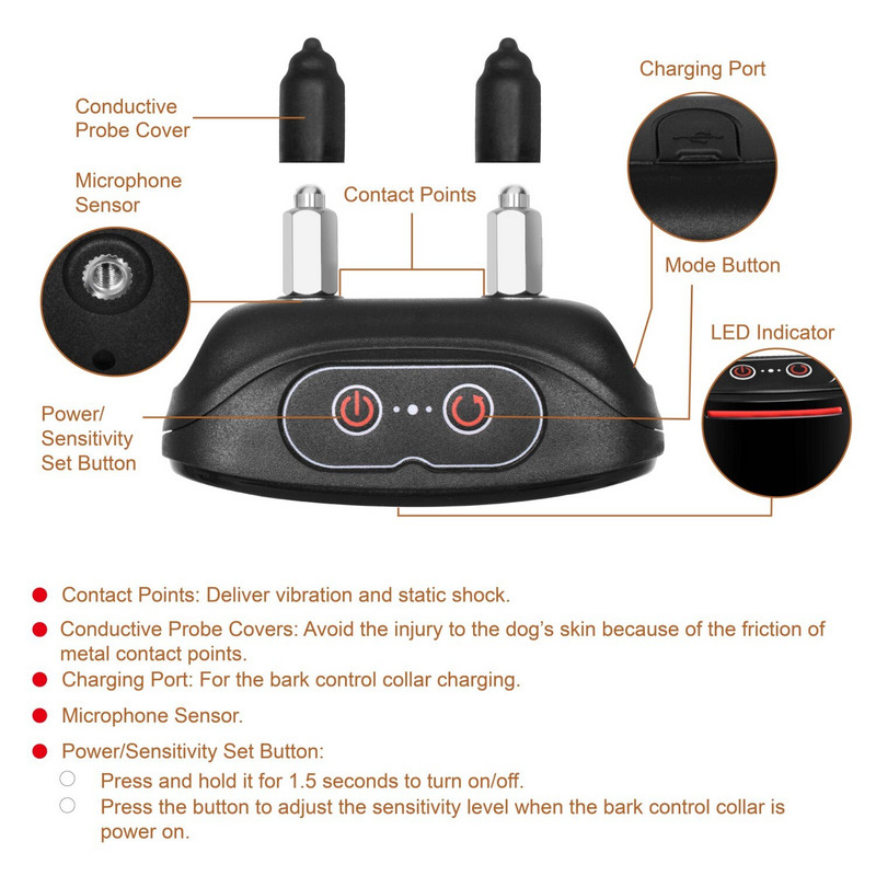 Elektriline koera haukumise kaelarihma ohutus Veekindel vibratsioonitreening Koera kaelarihma juhtimine 3 režiimi haukumisvastane režiim sobib kõigile koertele