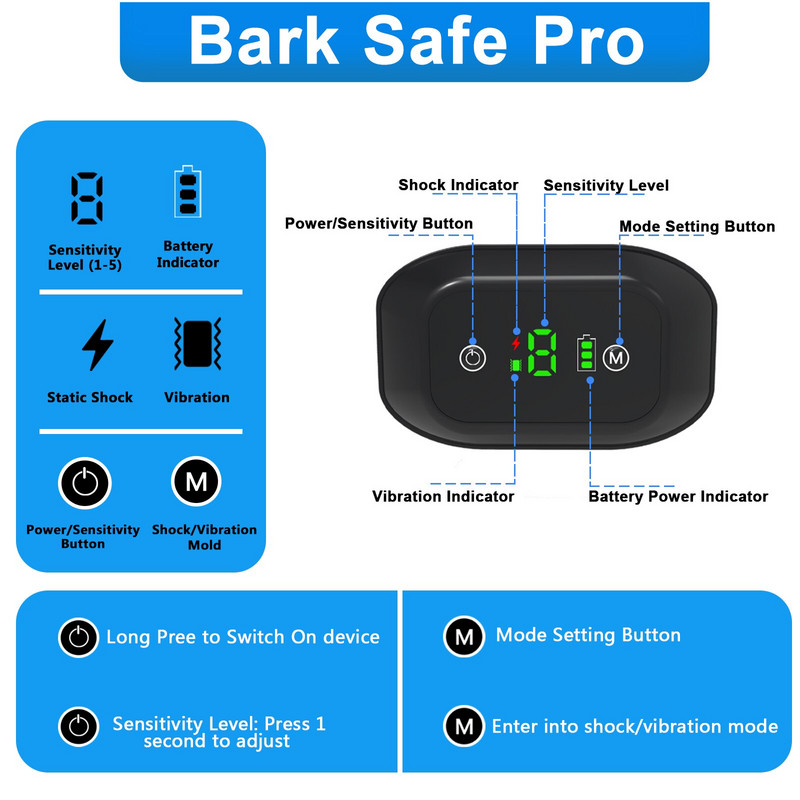 Elektriline koera haukumise kaelarihma ohutus Veekindel vibratsioonitreening Koera kaelarihma juhtimine 3 režiimi haukumisvastane režiim sobib kõigile koertele
