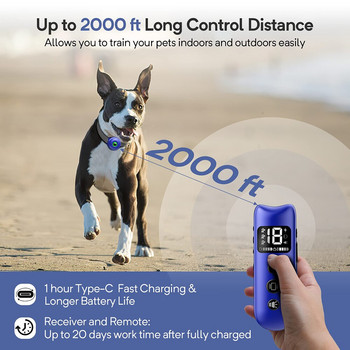 TinMiu Електрически нашийник за обучение на кучета 2000 фута Дистанционно управление IPX7 Водоустойчиви акумулаторни вибрационни нашийници против лай за кучета