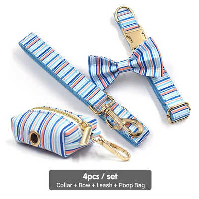 Vestă personalizată cu ham pentru câini de talie mică, fără tragere, set de guler și lesă pentru animale de companie, cu dungi albastre, guler cu papion pentru cățeluș.