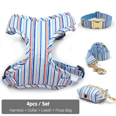 Vestă personalizată cu ham pentru câini de talie mică, fără tragere, set de guler și lesă pentru animale de companie, cu dungi albastre, guler cu papion pentru cățeluș.