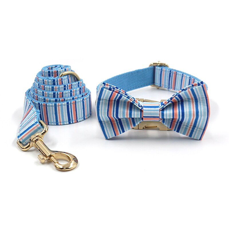 Vestă personalizată cu ham pentru câini de talie mică, fără tragere, set de guler și lesă pentru animale de companie, cu dungi albastre, guler cu papion pentru cățeluș.