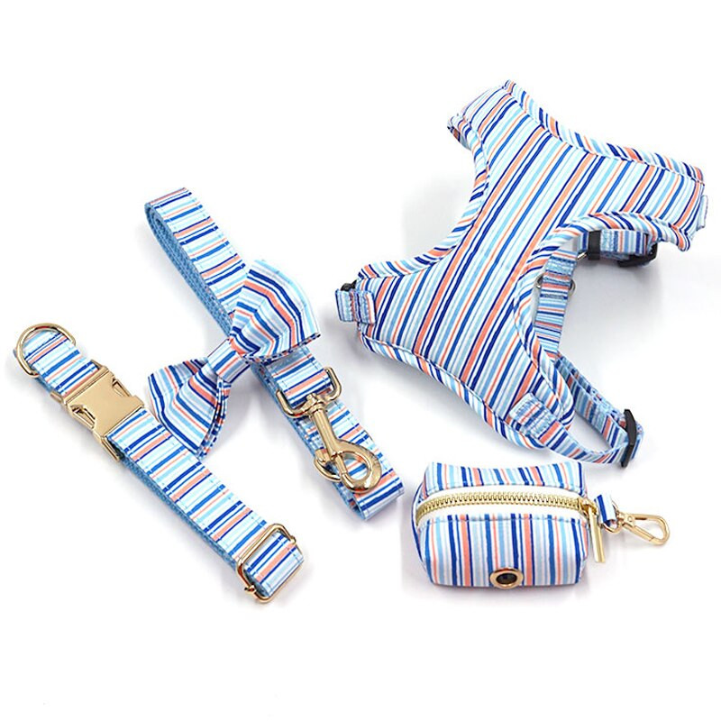 Vestă personalizată cu ham pentru câini de talie mică, fără tragere, set de guler și lesă pentru animale de companie, cu dungi albastre, guler cu papion pentru cățeluș.