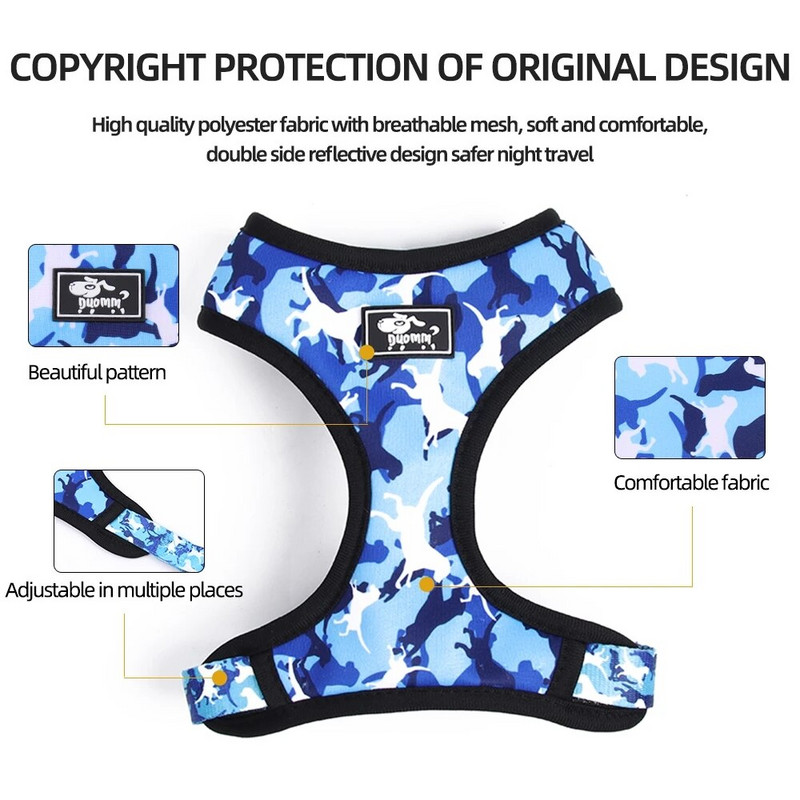 Peegeldav kamuflaaž koerarakmete vesti jalutusrihm ja kaelarihma komplekt väikestele keskmistele koertele lemmiklooma rinnarihm Prantsuse lemmikloomatarbed