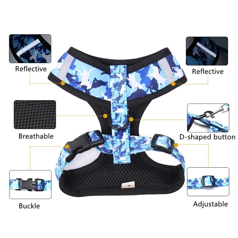 Peegeldav kamuflaaž koerarakmete vesti jalutusrihm ja kaelarihma komplekt väikestele keskmistele koertele lemmiklooma rinnarihm Prantsuse lemmikloomatarbed