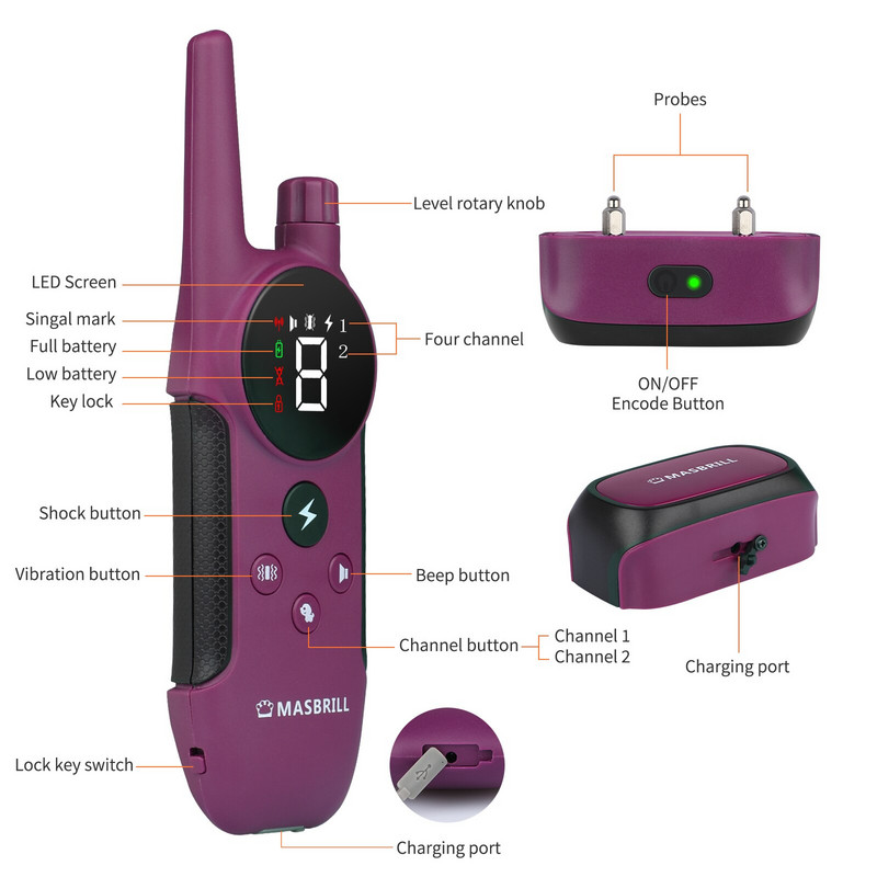 Ηλεκτρικό κολάρο εκπαίδευσης σκύλων MASBRILL Αδιάβροχο επαναφορτιζόμενο κολάρο κατοικίδιου ζώου κατά του φλοιού Ηλεκτρικό σοκ για όλους τους σκύλους