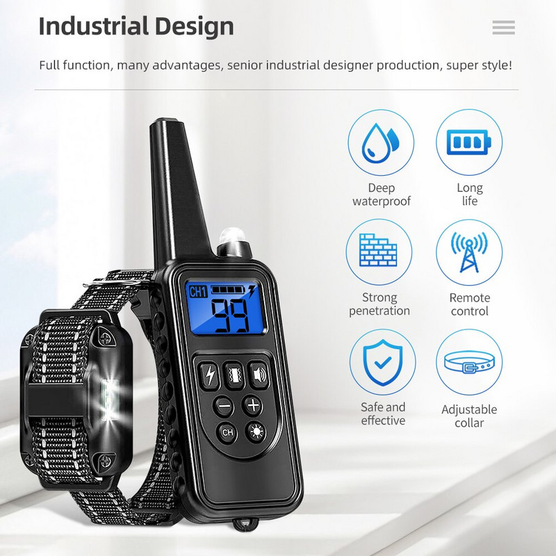 800 m elektrinis šunų dresavimo antkaklis, atsparus vandeniui, įkraunamas nuotolinio valdymo pultelis su LCD ekranu visų dydžių smūgio vibracijos garsui