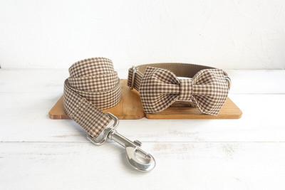 Személyre szabott kávébarna kockás nyakörv póráz szett nylon kisállat nyakörv póráz, gravírozott névtábla kis közepes méretű kutyák számára