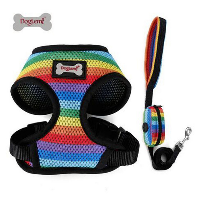 Ham cu plasă curcubeu respirabil pentru animale de companie pentru animale de companie, cu set de ham pentru jogging din plumb