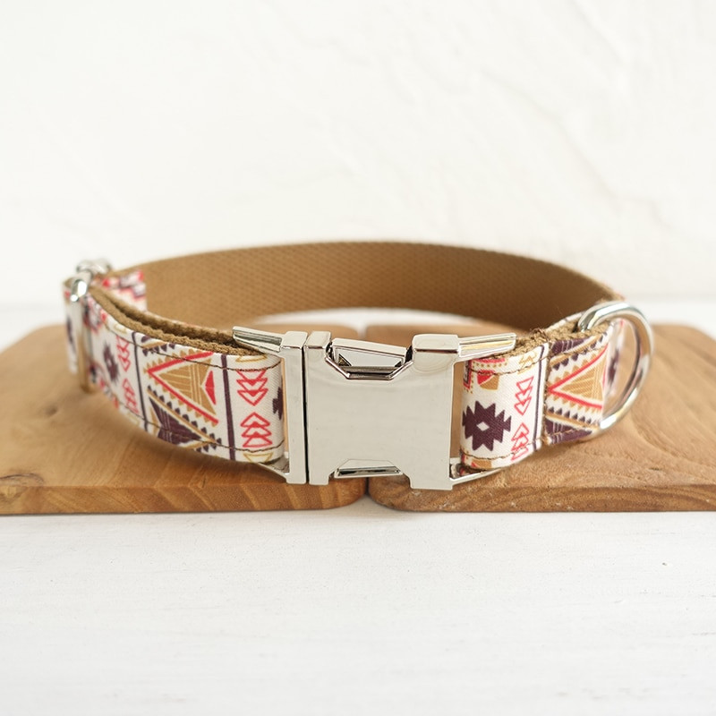 Set de zgardă și lesă personalizate pentru câini Design din țesătură zgarda de câine în stil boemia maro cu gravată cu laser