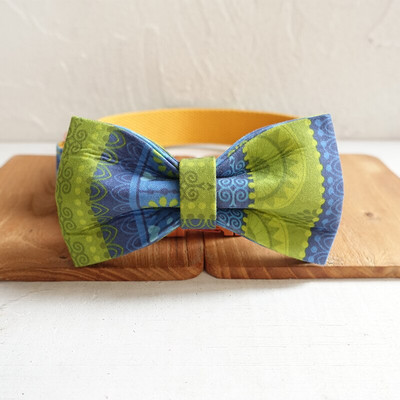 MUTTCO λιανικής πώλησης υψηλής ποιότητας χειροποίητο γιακά Σετ λουρί γιακά σκύλου FOLK YELLOW με παπιγιόν 5 μεγέθη UDC024M