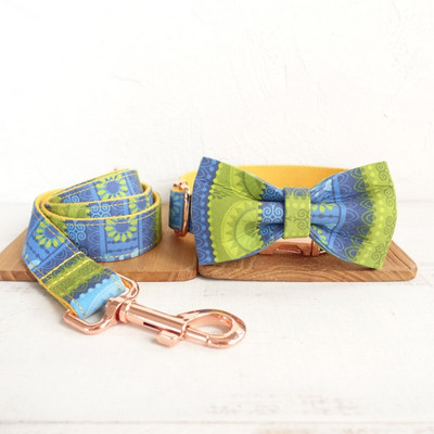 MUTTCO λιανικής πώλησης υψηλής ποιότητας χειροποίητο γιακά Σετ λουρί γιακά σκύλου FOLK YELLOW με παπιγιόν 5 μεγέθη UDC024M