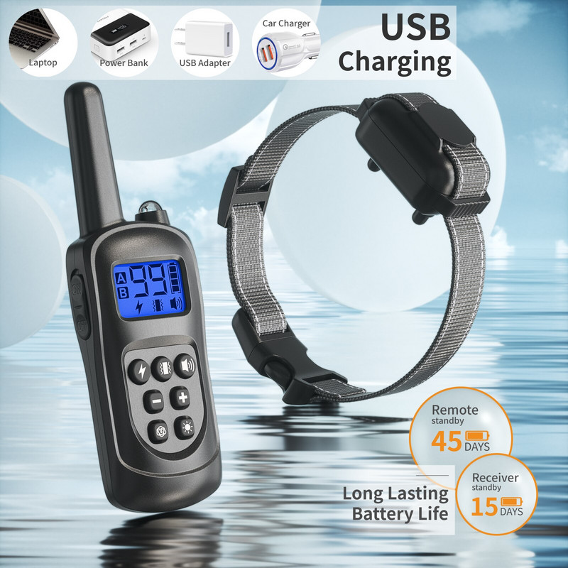 800m Електрически нашийник за обучение на кучета Водоустойчиво Дистанционно управление за домашни любимци Акумулаторна защита против лай с ударно вибрационен звук LCD Дис