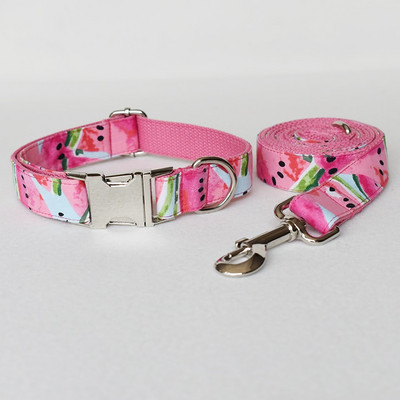 Guler de câine cu nume gravate personalizat, drăguț cu imprimare pepene verde, set de guler și lesă pentru câine cu eliberare rapidă pentru cățeluș