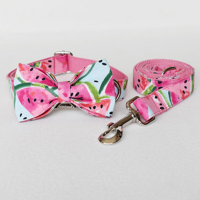 Guler de câine cu nume gravate personalizat, drăguț cu imprimare pepene verde, set de guler și lesă pentru câine cu eliberare rapidă pentru cățeluș