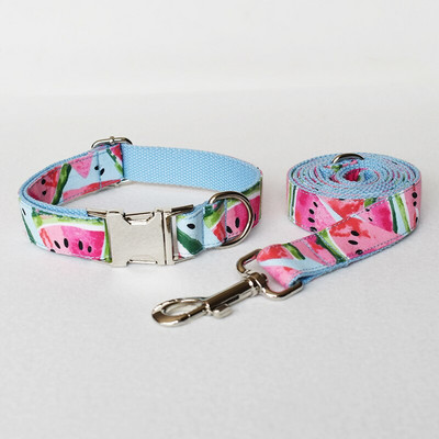 Guler de câine cu nume gravate personalizat, drăguț cu imprimare pepene verde, set de guler și lesă pentru câine cu eliberare rapidă pentru cățeluș