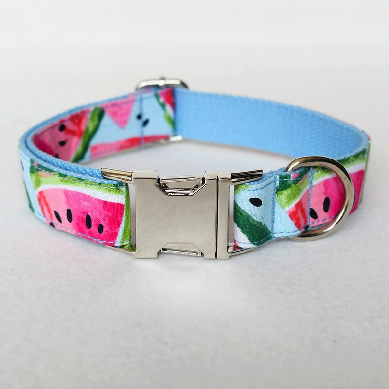 Guler de câine cu nume gravate personalizat, drăguț cu imprimare pepene verde, set de guler și lesă pentru câine cu eliberare rapidă pentru cățeluș