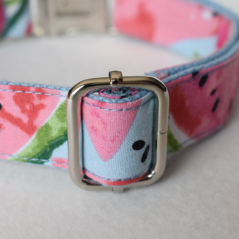 Guler de câine cu nume gravate personalizat, drăguț cu imprimare pepene verde, set de guler și lesă pentru câine cu eliberare rapidă pentru cățeluș