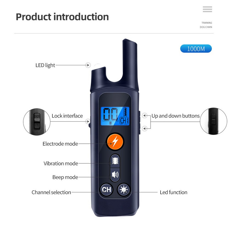 Koerte treenimiskaelarihm veekindel 1000 m lemmiklooma kaugjuhtimispult Koera kaelarihm elektrišoker Põrutusvibratsiooniheliga koeratooted