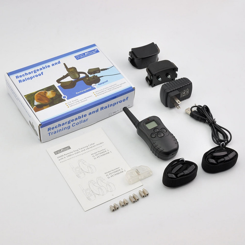 Petrainer 998DR-2 300M Remote Rechargeable and Rainproof Shack Electronic 100 Level Dog Electric collars for 2 dogs