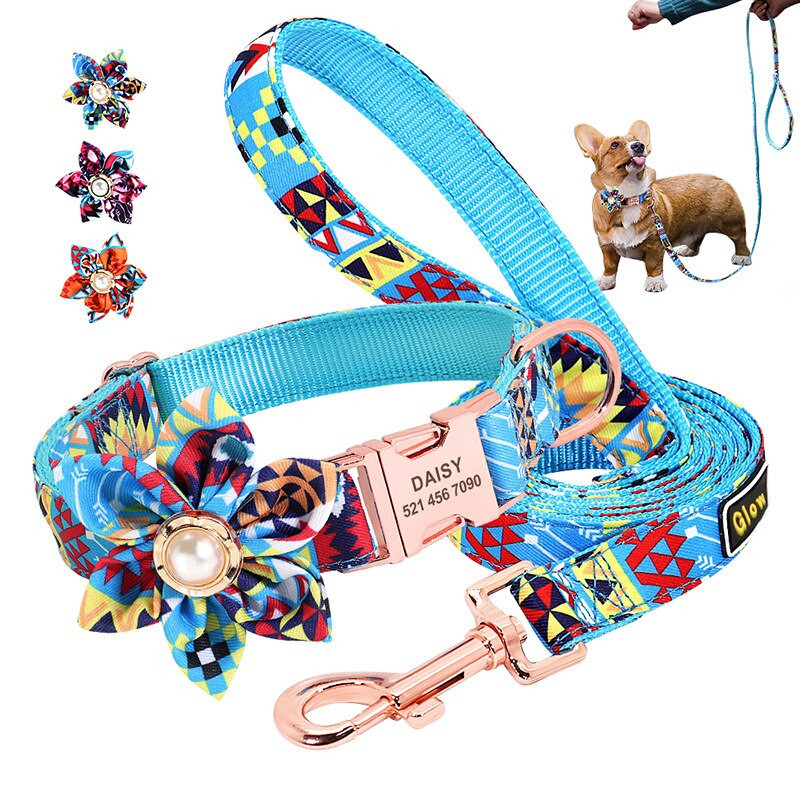Lemmikloomade tasuta graveerimine ID-sildi kaelarihm Koerale isikupärastatud lillega trükiga kaelarihm ja jalutusrihma komplekt kutsikate riided vest Chihuahua tarvikud