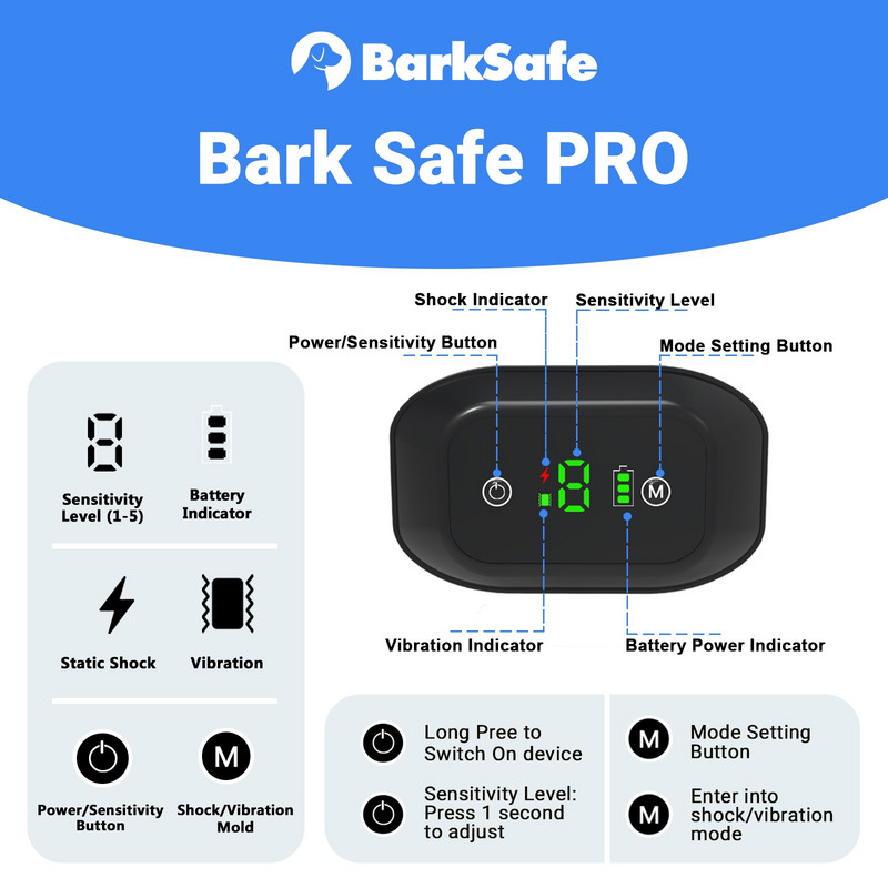 BarkSafe Pro elektromos kutyaugatásgátló nyakörv, vízálló vibrációs tréning kutyanyakörv vezérlés, 3 üzemmódú ugatásgátló