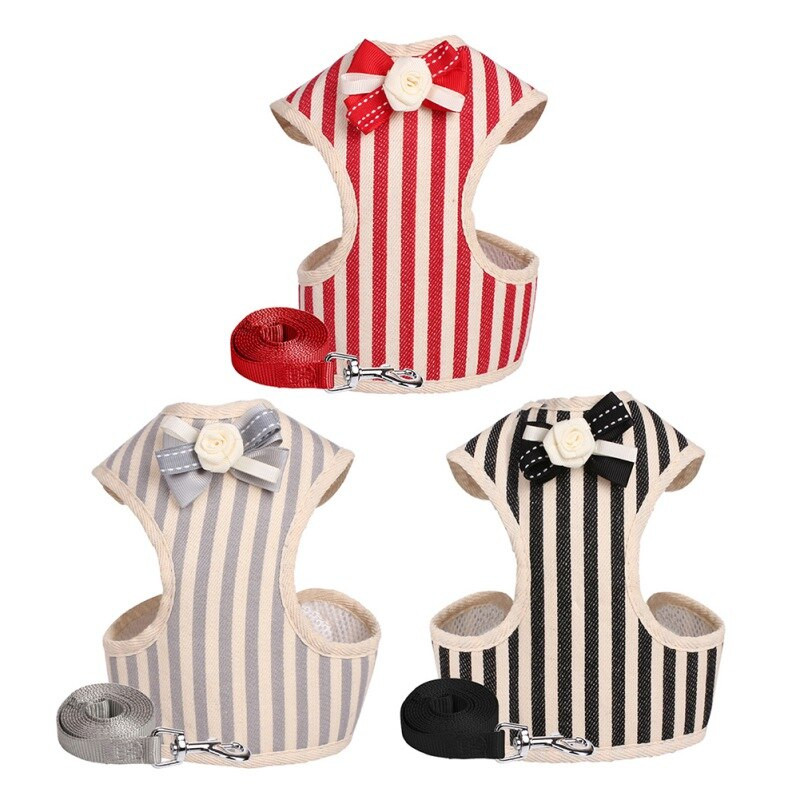 Dryžuotas šuniuko katės pavadėlio komplektas Mažo šuns lanko diržas su pavadėliu Minkštas kvėpuojantis tinklinis naminių gyvūnėlių liemenė šuniuko kačiukui