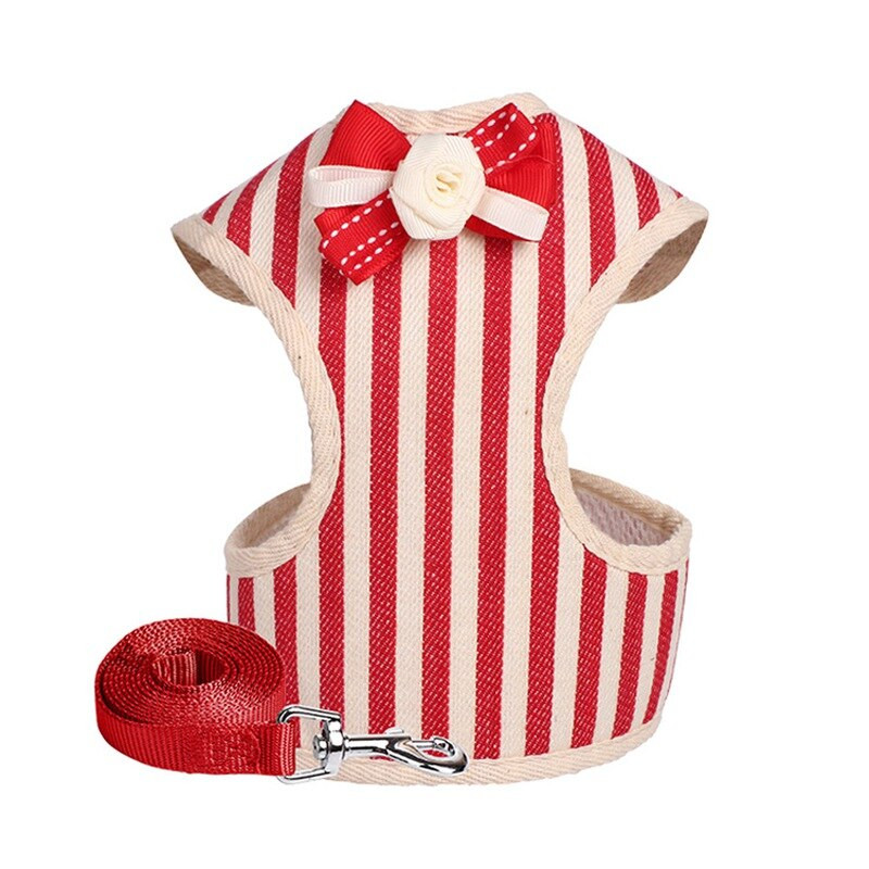 Dryžuotas šuniuko katės pavadėlio komplektas Mažo šuns lanko diržas su pavadėliu Minkštas kvėpuojantis tinklinis naminių gyvūnėlių liemenė šuniuko kačiukui