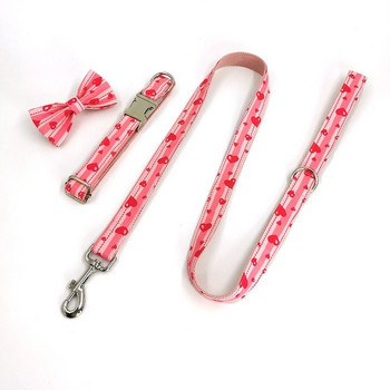 Sweet Dog Collars and Leash Set Pink Heart Print Σετ λουριών γιακά σκύλου με παπιγιόν Collares De Perro Fashion Dog Accessories