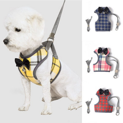 Set de lesă pentru ham pentru câini din bumbac, vestă pentru pisici pentru animale de companie, cu plasă cu bowknot căptușită pentru cățeluși mici Chihuahua Yorkshire Pug S/M/L