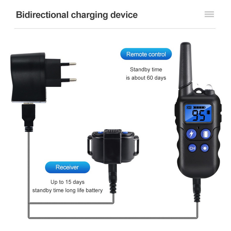 2000 m elektrinis šunų dresavimo antkaklis, atsparus vandeniui, įkraunamas naminių gyvūnėlių žievėjimo kontrolės antkaklis elektrinis amortizatorius