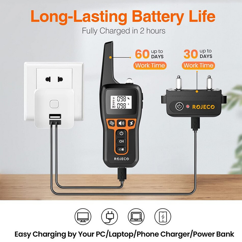 ROJECO 1000m elektriline koerte treeningkaelarihm kaugjuhtimispult veekindel laetav lemmikloomakoera haukumine peatamisamortisaatori kaelarihm elektrišokk