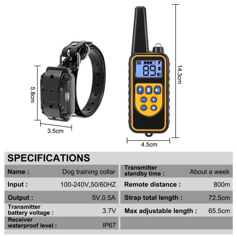 Taaslaetav elektriline kaelarihm 800m LCD-ekraaniga IP67 veekindel kaugjuhtimisrihm lemmikloomakoerte treeningkaelarihm igas suuruses koertele