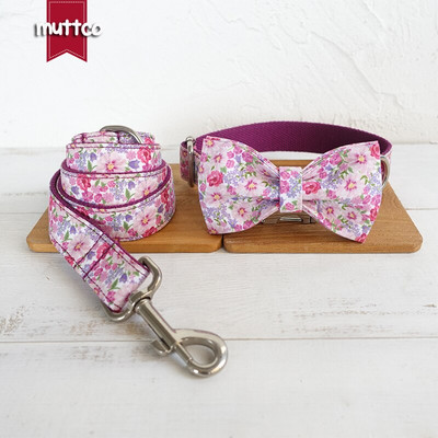 MUTTCO käsitööna valmistatud lips lemmiklooma kaelarihm THE PURPLE FLOWER lilleline koera kaelarihm ja jalutusrihma komplekt koos kikilipsuga lemmiklooma kingituseks 5 suurust UDC049