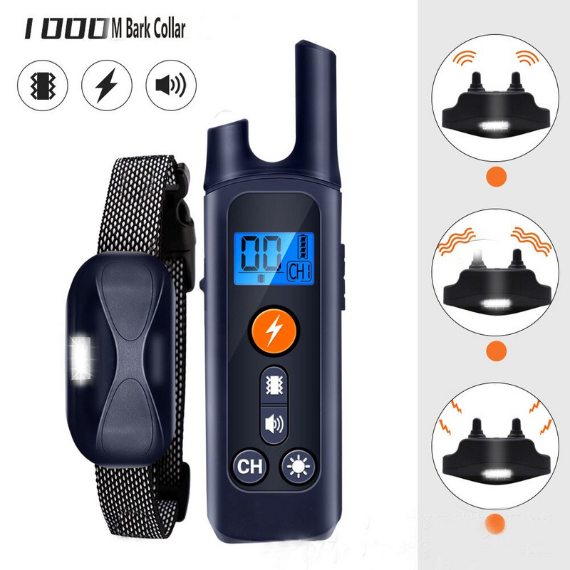 Για 2 σκύλους 1000M αδιάβροχο κολάρο ηλεκτρικού χτυπήματος Επαναφορτιζόμενη συσκευή κατά του γαβγίσματος πολλαπλών λειτουργιών