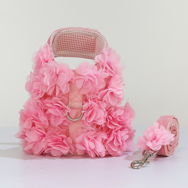 Mielas naminių šunų petnešų ir pavadėlių rinkinys mažiems vidutinio dydžio šunims petnešėlių liemenė, reguliuojama nėriniuota gėlėmis marginta šuniuko suknelė vaikščioti